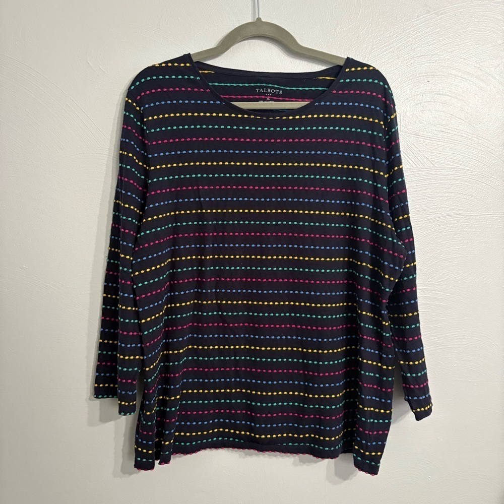 Talbots 100% Cotton Navy Rainbow Embroidered Long Sleep Short | Top | Size XL